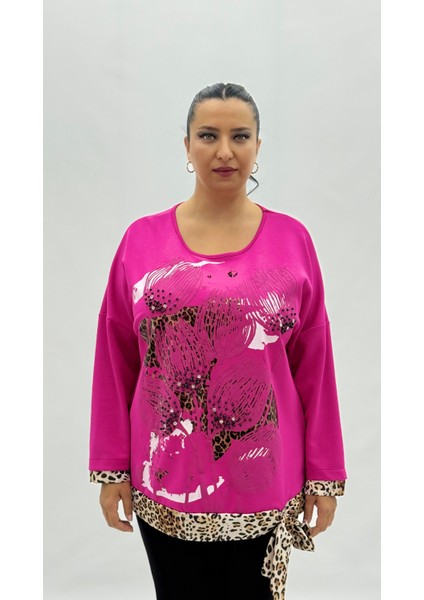 Büyük Beden Viskon Taşlı Inci Detaylı Uzun Kol Oversize Kadın Bluz