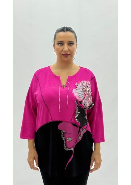 Büyük Beden Viskon Taşlı Inci Detaylı Kapri Kol Oversize Kadın Bluz