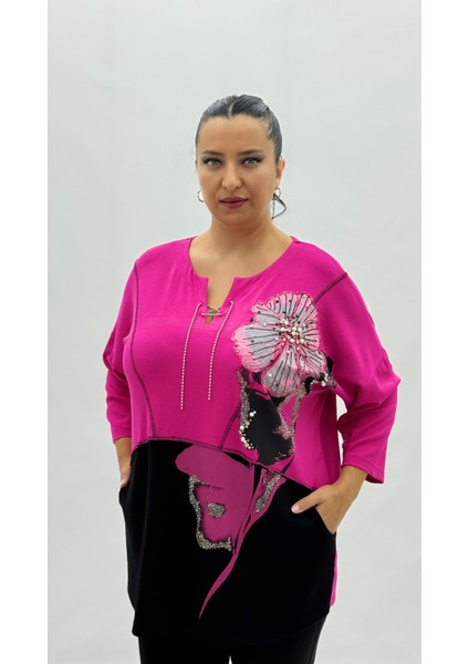 Büyük Beden Viskon Taşlı Inci Detaylı Kapri Kol Oversize Kadın Bluz fiyatları