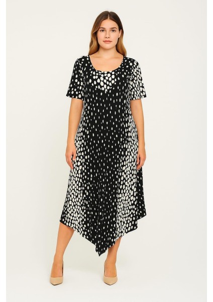 Kadın Büyük Beden Siyah, Yıkamalı Denim Kumaş, Çift Çepli, Kısa Kol Kot Elbise 65N39155