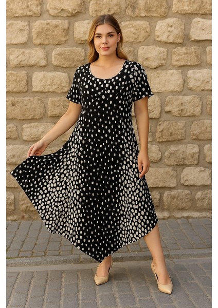 Kadın Büyük Beden Siyah, Yıkamalı Denim Kumaş, Çift Çepli, Kısa Kol Kot Elbise 65N39155