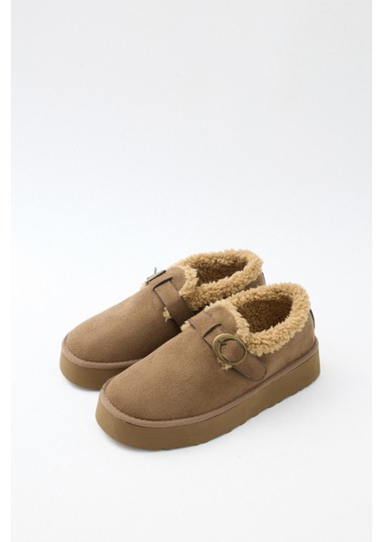 Bot 2524 - İçi Kürklü Eskitme Tokalı Vizon Süet Kadın Bot