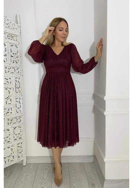 M1986 Simli V Yaka Elbise Bordo