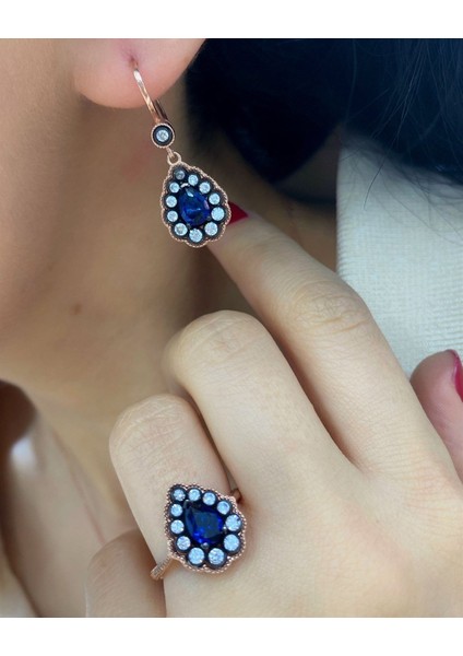 Kadın Gümüş Mavi Taşlı Elmas Montür Set