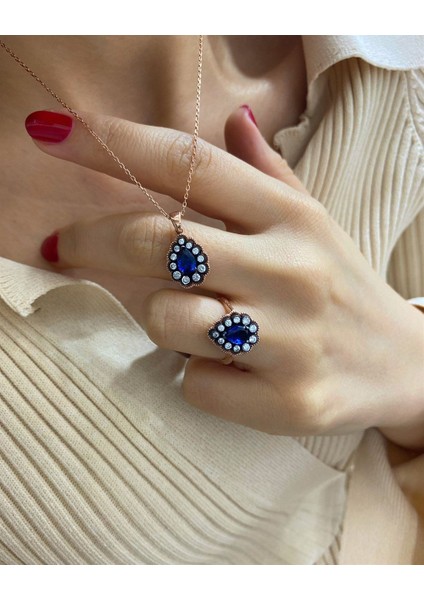 Kadın Gümüş Mavi Taşlı Elmas Montür Set