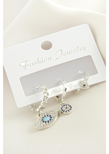 3 Adet Oval Nazar Zirkon Taşlı Küpe