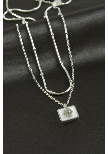 Ftm Ana Eli Sedef Lüks Çelik Ikili Kolye