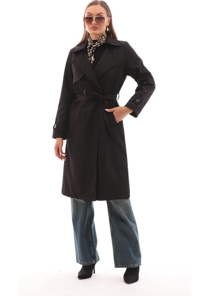 Kuşaklı Astarlı Uzun Trençkot Siyah