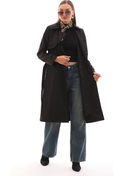 Kuşaklı Astarlı Uzun Trençkot Siyah fiyatları