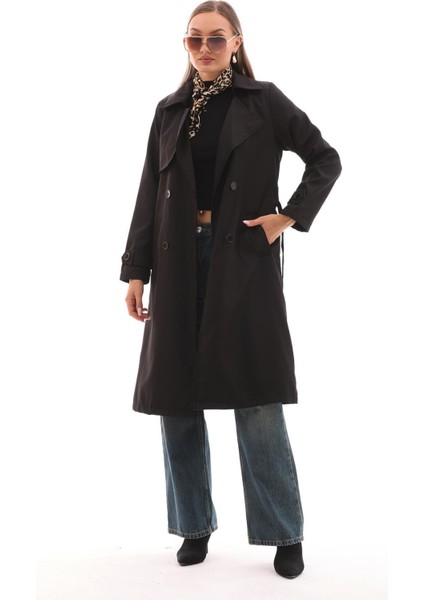 Kuşaklı Astarlı Uzun Trençkot Siyah modelleri