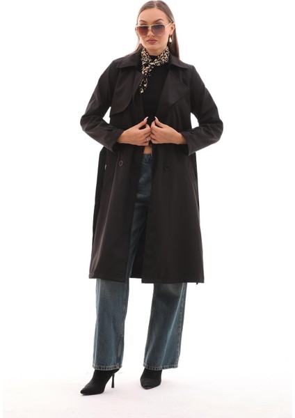 Kuşaklı Astarlı Uzun Trençkot Siyah fırsatları
