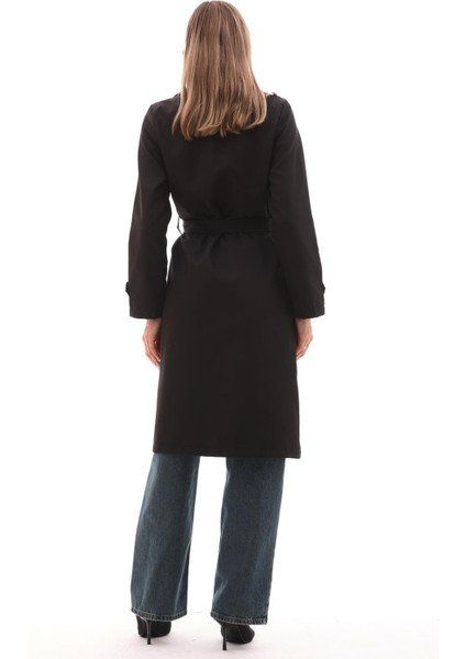 Kuşaklı Astarlı Uzun Trençkot Siyah indirimleri