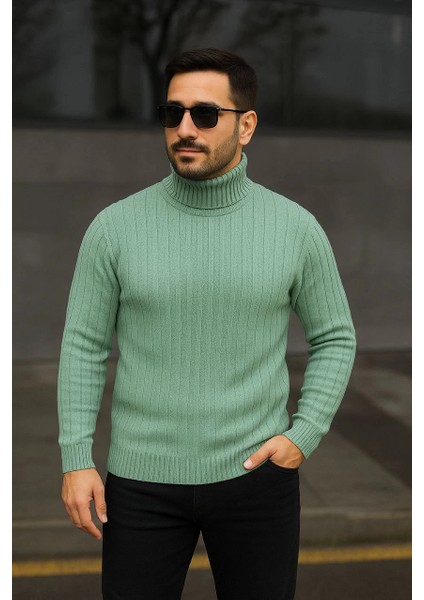 Erkek Balıkcı Yaka Bağazlı Triko Kazak Pamuklu Kalın Fitilli Dokuma, Regular Fit Uzun Kollu Kışlık Model - Mint Yeşili