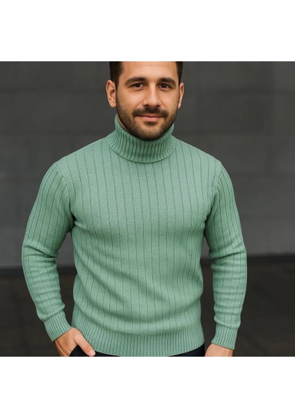 Erkek Balıkcı Yaka Bağazlı Triko Kazak Pamuklu Kalın Fitilli Dokuma, Regular Fit Uzun Kollu Kışlık Model - Mint Yeşili fiyatları