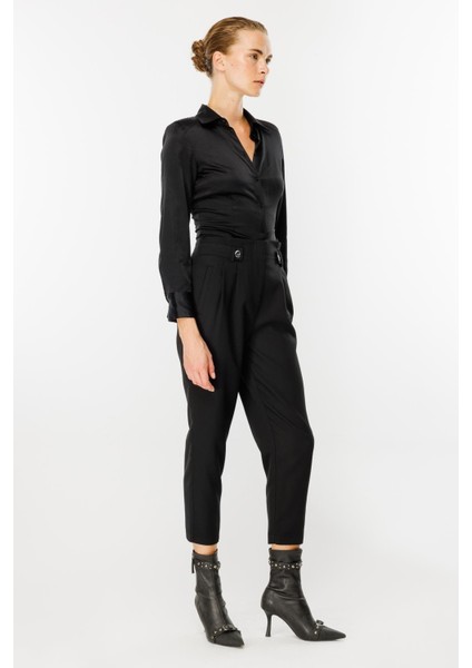 Yüksek Bel Pileli Havuç Pantolon-Siyah fırsatları