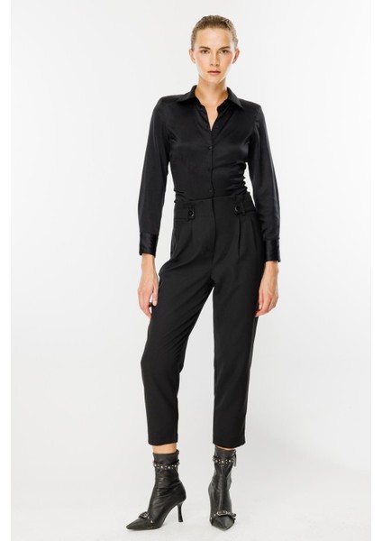 Yüksek Bel Pileli Havuç Pantolon-Siyah