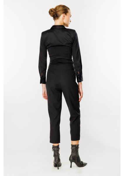 Yüksek Bel Pileli Havuç Pantolon-Siyah