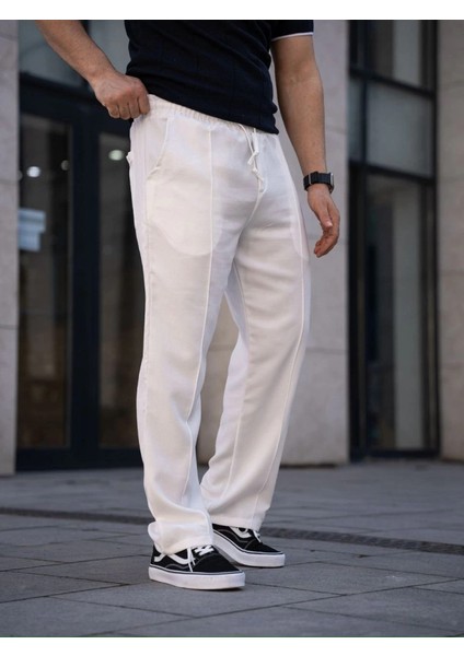 Erkek Keten Cepli Çıma Dikişli Jogger Buggy Pantalon Rahat Kalıp - Beyaz