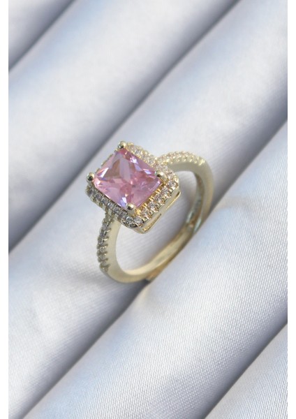 bulurum pirinç gold renk pembe zirkon taşlı kadın yüzük