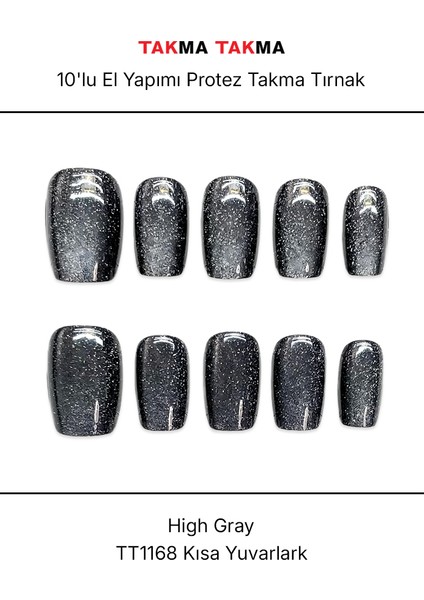 10'lu Gri Kısa Balerin TT1168 Tekrar Kullanılabilir El Yapımı Protez Takma Tırnak - Gri-XS