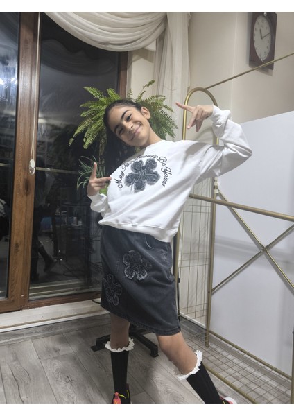 Kız Çocuk Kot Etekli Takım(Sweatshirt+Beli Lastikli Kısa Kot Etek) Çiçek Füme fiyatları