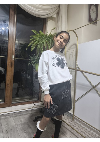 Kız Çocuk Kot Etekli Takım(Sweatshirt+Beli Lastikli Kısa Kot Etek) Çiçek Füme modelleri