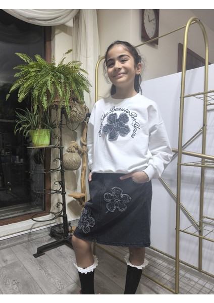 Kız Çocuk Kot Etekli Takım(Sweatshirt+Beli Lastikli Kısa Kot Etek) Çiçek Füme indirimleri