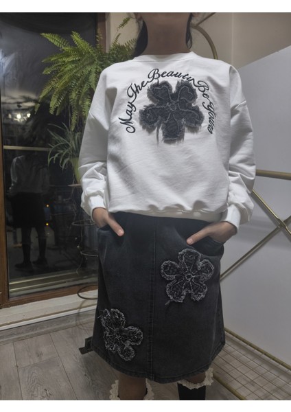 Kız Çocuk Kot Etekli Takım(Sweatshirt+Beli Lastikli Kısa Kot Etek) Çiçek Füme