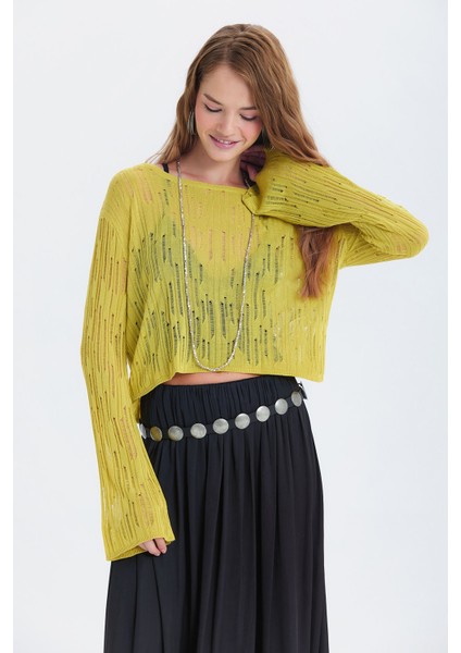 Delikli Bisiklet Yaka Bluz Yeşil