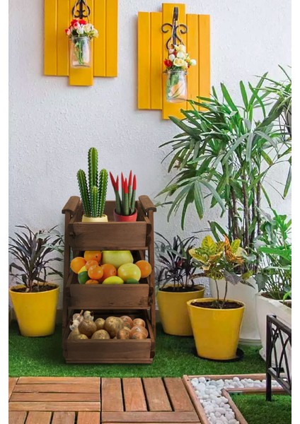 3 Katlı Ahşap Sebzelik Meyvelik Mutfak Banyo Düzenleyici Ceviz