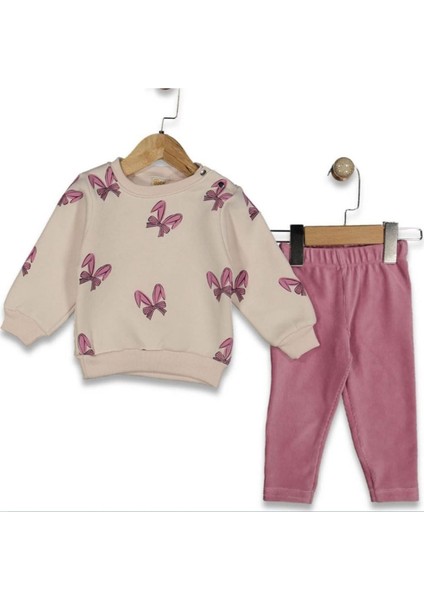 Kız Bebek Ekru Pempe Fiyonklu Baskılı Kadife Fitillli Taytlı 2'li Takım - 1016178