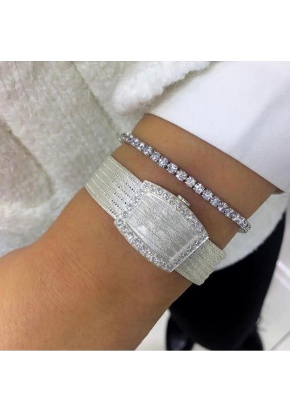 Kadın Gümüş Trabzon Hasır Tek Sıra Taşlı 7 Sıra Bileklik