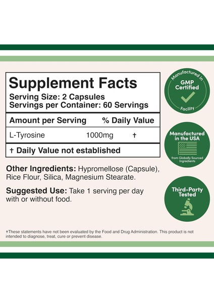 L-Tyrosine Tirozin Memory Attention And Focus Amino 1,000MG 120 Veggie Caps fiyatları