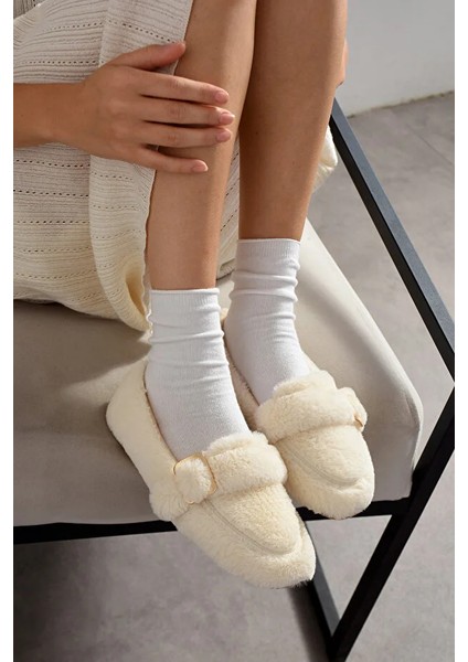 Vera Tavşan Tüyü Lastikli Tokalı Kaydırmaz Taban Kadın Babet Panduf Ev Terliği