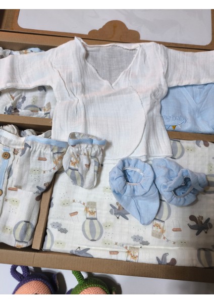 Kız-Erkek Yeni Doğan Hastane Çıkışı % 100 Organik Pamuk Kutulu 10'lu Full Takım Müslin Balonlu