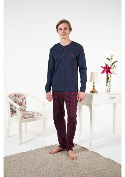 Erkek Altı Ekose Lacivert Penye Interlok Pijama Takımı - 25432R