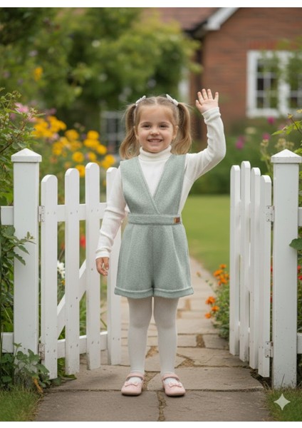 Kışlık Balıkçı Yaka Bluzlu Kız Çocuk Kruvaze Salopet Şort Yeşili Melanj Çoraplı Şık Üçlü Takım Seti