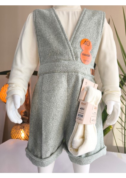 Kışlık Balıkçı Yaka Bluzlu Kız Çocuk Kruvaze Salopet Şort Yeşili Melanj Çoraplı Şık Üçlü Takım Seti indirimleri