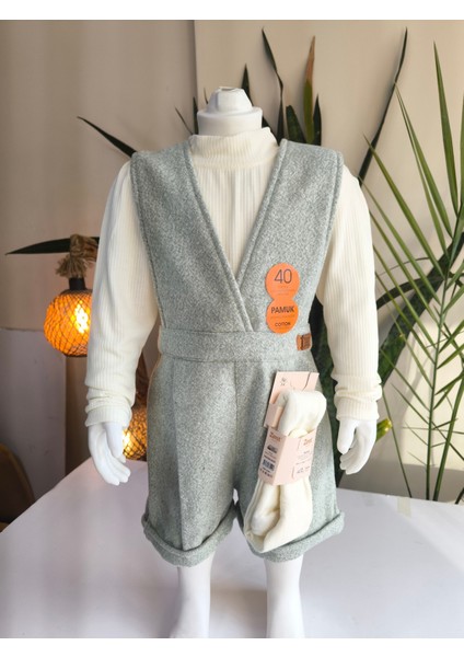 Kışlık Balıkçı Yaka Bluzlu Kız Çocuk Kruvaze Salopet Şort Yeşili Melanj Çoraplı Şık Üçlü Takım Seti