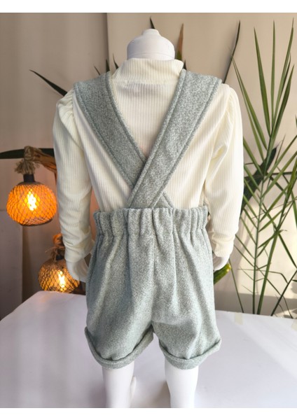 Kışlık Balıkçı Yaka Bluzlu Kız Çocuk Kruvaze Salopet Şort Yeşili Melanj Çoraplı Şık Üçlü Takım Seti