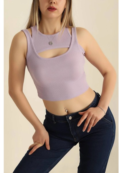 Kadın Lila/lavanta Rengi Göğüs Dekolteli Ribana Örgü Crop Atlet Bluz