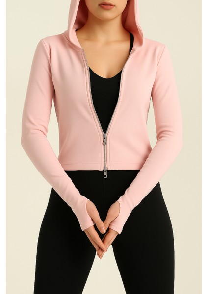 Kadın Kapüşonlu Fermuarlı Pembe Ceket | Parmak Geçme & Gizli Cep Detaylı | %100 Pamuk | Dar Kalıp
