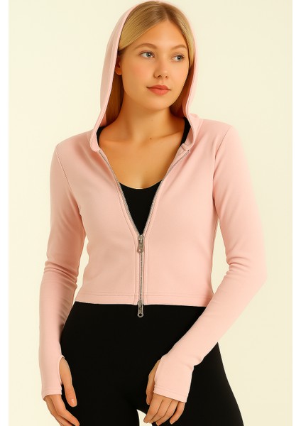 Kadın Kapüşonlu Fermuarlı Pembe Ceket | Parmak Geçme & Gizli Cep Detaylı | %100 Pamuk | Dar Kalıp fiyatları