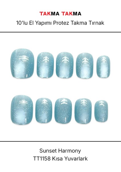10'lu Mavi Kısa Yuvarlak TT1158 Tekrar Kullanılabilir El Yapımı Protez Takma Tırnak - Mavi-M