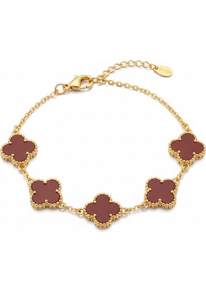 Beşli Bordo Kırmızısı Dört Yapraklı Şans Yoncası Çelik Kadın Bileklik