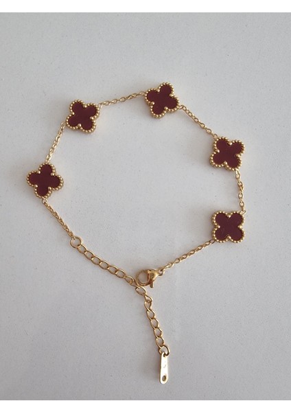 Beşli Bordo Kırmızısı Dört Yapraklı Şans Yoncası Çelik Kadın Bileklik fiyatları