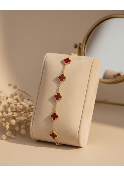 Beşli Bordo Kırmızısı Dört Yapraklı Şans Yoncası Çelik Kadın Bileklik modelleri