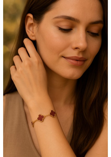 Beşli Bordo Kırmızısı Dört Yapraklı Şans Yoncası Çelik Kadın Bileklik fırsatları