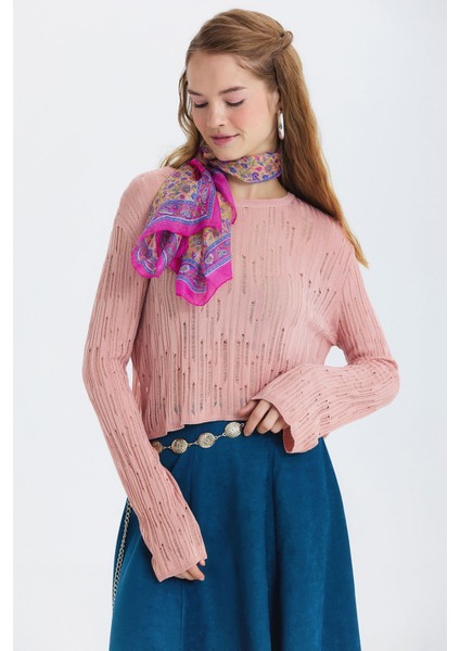 Etnik Desenli Hint Ipeği Şal Pembe - Mor