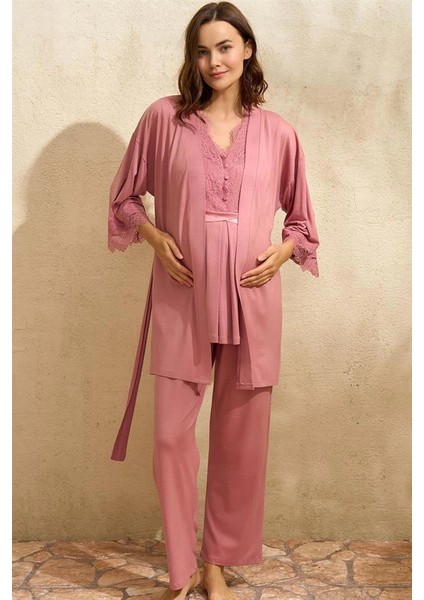 Kadın Fantazi Iç Giyim Sıfır Kol V Yaka Kadın Viskon Düz Yazlık Uzun Dantel Detaylı Hamile Pijama Takımı Sabahlık - Şehvetli ve Zarif Tasarım